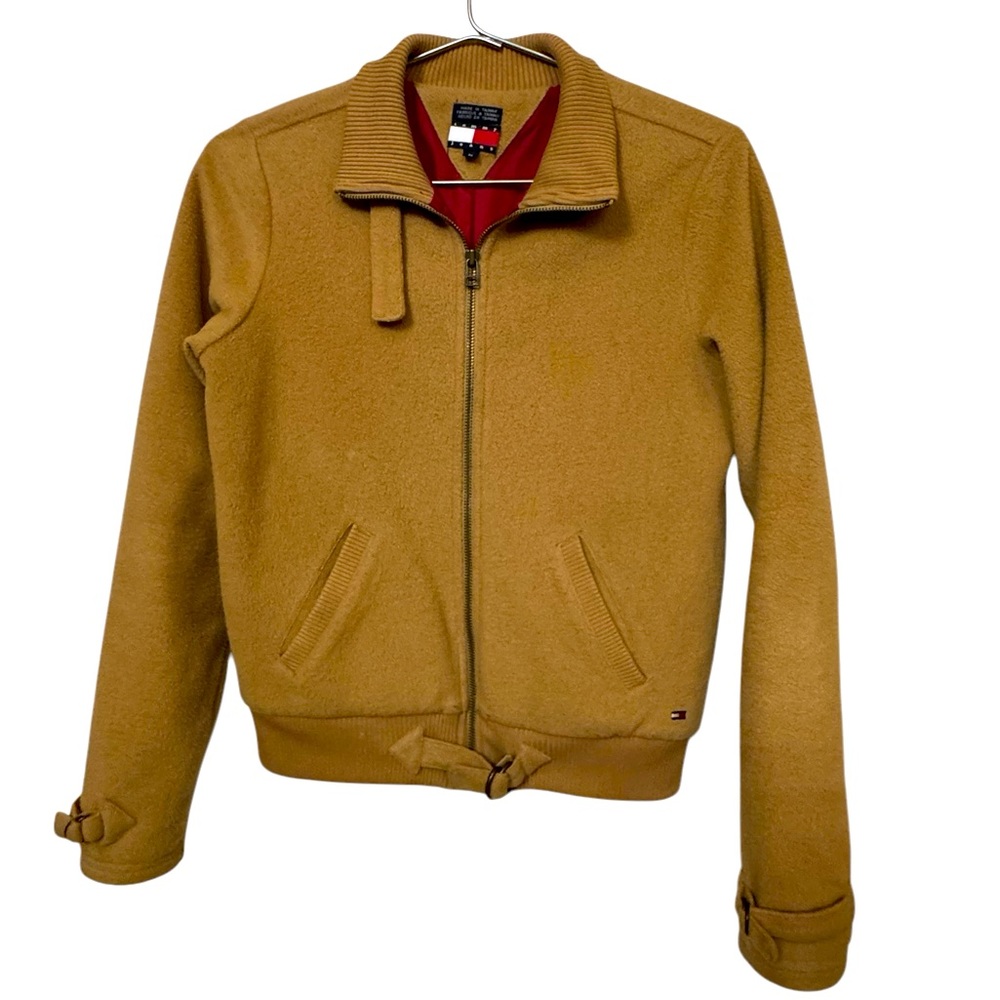 Tommy Hilfiger Jacket Women’s M Tan Camel Fleece Bomber Racer Full Zip RARE